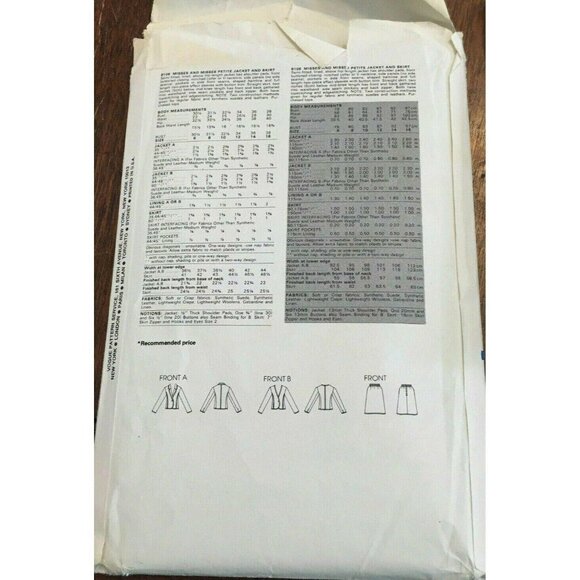 Sewing Pattern Vogue 8106 Misses Jacket & Skirt Size 12 (Bust 34) Vintage Uncut - Picture 6 of 7